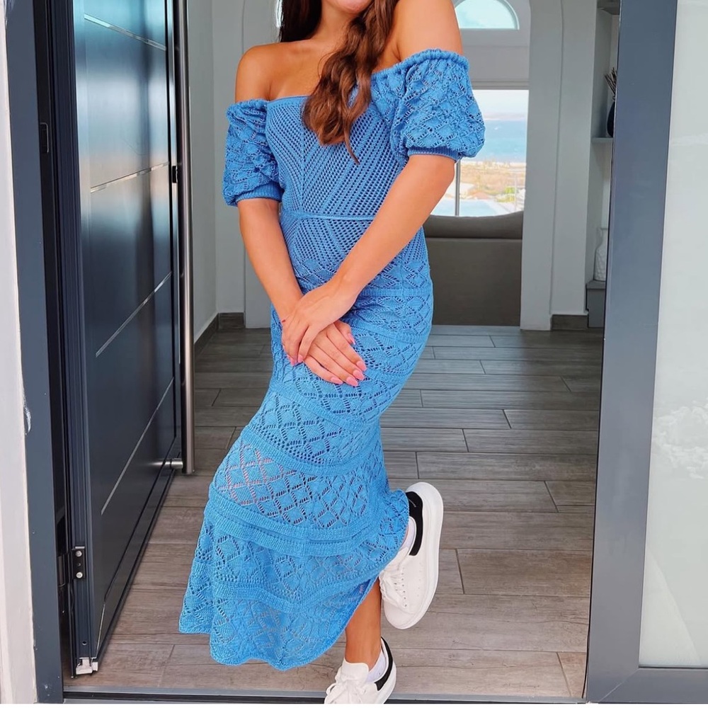 AQUA Puff Sleeve Crocheted Midi Dress in Blue